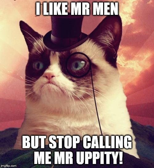 Grumpy Cat Top Hat Meme | I LIKE MR MEN BUT STOP CALLING ME MR UPPITY! | image tagged in memes,grumpy cat top hat,grumpy cat | made w/ Imgflip meme maker