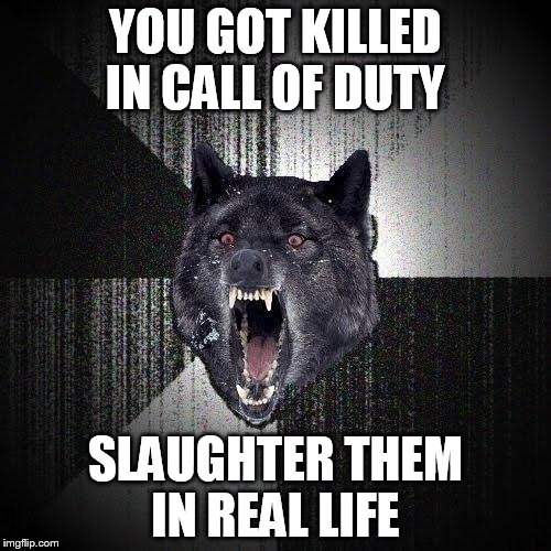 Insanity Wolf | YOU GOT KILLED IN CALL OF DUTY SLAUGHTER THEM IN REAL LIFE | image tagged in memes,insanity wolf | made w/ Imgflip meme maker