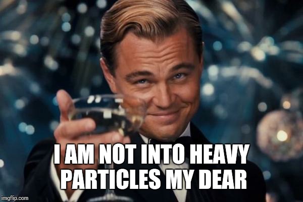 Leonardo Dicaprio Cheers | I AM NOT INTO HEAVY PARTICLES MY DEAR | image tagged in memes,leonardo dicaprio cheers | made w/ Imgflip meme maker