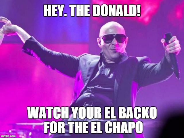 "Univision and Pitbull should be paying me for all the publicity I'm giving them," Trump later tweeted. | HEY. THE DONALD! WATCH YOUR EL BACKO FOR THE EL CHAPO | image tagged in pitbull,donald trump | made w/ Imgflip meme maker