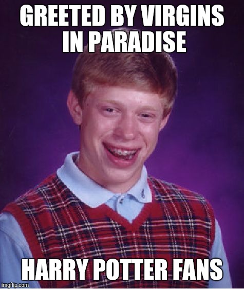 Bad Luck Brian | GREETED BY VIRGINS IN PARADISE HARRY POTTER FANS | image tagged in memes,bad luck brian | made w/ Imgflip meme maker