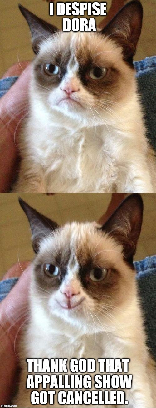 Grumpy Cat 2x Smile | I DESPISE DORA THANK GOD THAT APPALLING SHOW GOT CANCELLED. | image tagged in grumpy cat 2x smile | made w/ Imgflip meme maker