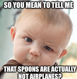 Skeptical Baby | SO YOU MEAN TO TELL ME THAT SPOONS ARE ACTUALLY NOT AIRPLANES? | image tagged in memes,skeptical baby | made w/ Imgflip meme maker