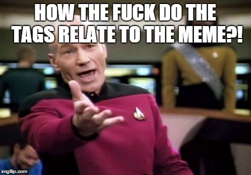 Picard Wtf Meme | HOW THE F**K DO THE TAGS RELATE TO THE MEME?! | image tagged in memes,picard wtf | made w/ Imgflip meme maker