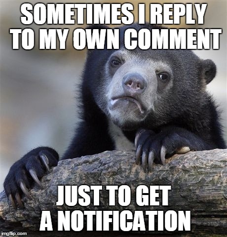 Confession Bear | SOMETIMES I REPLY TO MY OWN COMMENT JUST TO GET A NOTIFICATION | image tagged in memes,confession bear | made w/ Imgflip meme maker