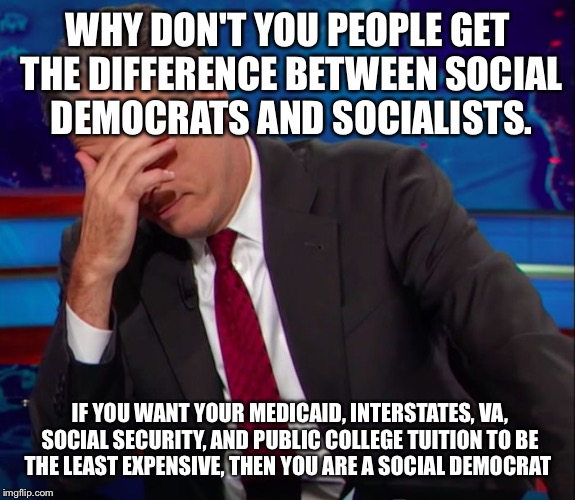 Jon Stewart Face-palm | WHY DON'T YOU PEOPLE GET THE DIFFERENCE BETWEEN SOCIAL DEMOCRATS AND SOCIALISTS. IF YOU WANT YOUR MEDICAID, INTERSTATES, VA, SOCIAL SECURITY | image tagged in jon stewart face-palm | made w/ Imgflip meme maker