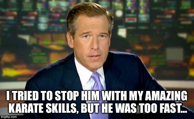 Brian Williams Was There Meme | I TRIED TO STOP HIM WITH MY AMAZING KARATE SKILLS, BUT HE WAS TOO FAST... | image tagged in memes,brian williams was there | made w/ Imgflip meme maker