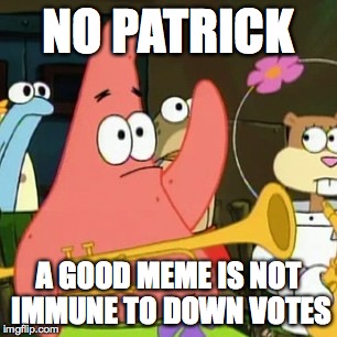 No Patrick | NO PATRICK A GOOD MEME IS NOT IMMUNE TO DOWN VOTES | image tagged in memes,no patrick | made w/ Imgflip meme maker