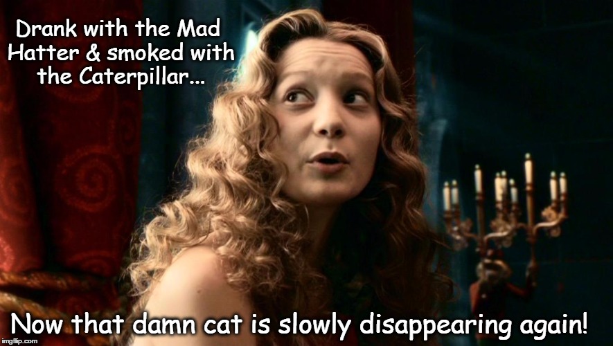 Too drunk, too high.... | Drank with the Mad Hatter & smoked with the Caterpillar... Now that damn cat is slowly disappearing again! | image tagged in alice in wonderland,mad hatter,cheshire cat,drunk,too damn high,oh shit | made w/ Imgflip meme maker