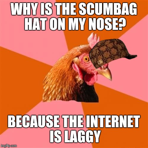Anti Joke Chicken | WHY IS THE SCUMBAG HAT ON MY NOSE? BECAUSE THE INTERNET IS LAGGY | image tagged in memes,anti joke chicken,scumbag | made w/ Imgflip meme maker