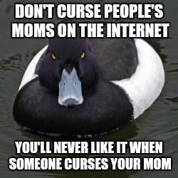 Angry Advice Mallard | DON'T CURSE PEOPLE'S MOMS ON THE INTERNET YOU'LL NEVER LIKE IT WHEN SOMEONE CURSES YOUR MOM | image tagged in angry advice mallard,memes | made w/ Imgflip meme maker