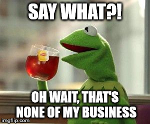 but that's none of my busi--- wait, what? | SAY WHAT?! OH WAIT, THAT'S NONE OF MY BUSINESS | image tagged in but that's none of my busi--- wait what? | made w/ Imgflip meme maker