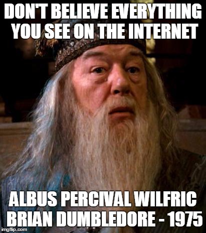 Dumbledore | DON'T BELIEVE EVERYTHING YOU SEE ON THE INTERNET ALBUS PERCIVAL WILFRIC BRIAN DUMBLEDORE - 1975 | image tagged in dumbledore | made w/ Imgflip meme maker