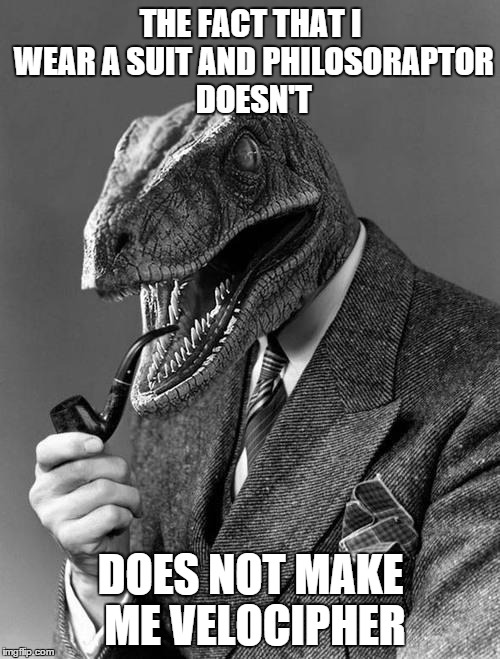 Philosoraptor | THE FACT THAT I WEAR A SUIT AND PHILOSORAPTOR DOESN'T DOES NOT MAKE ME VELOCIPHER | image tagged in philosoraptor | made w/ Imgflip meme maker