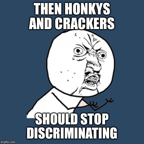 THEN HONKYS AND CRACKERS SHOULD STOP DISCRIMINATING | image tagged in memes,y u no | made w/ Imgflip meme maker