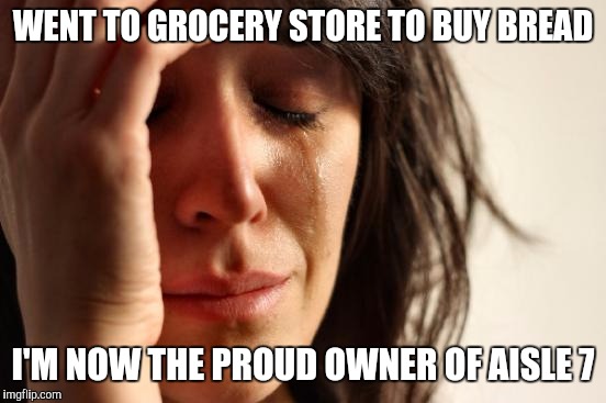 First World Problems | WENT TO GROCERY STORE TO BUY BREAD I'M NOW THE PROUD OWNER OF AISLE 7 | image tagged in memes,first world problems | made w/ Imgflip meme maker
