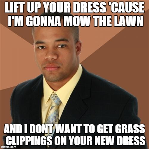 Successful Black Man Meme | LIFT UP YOUR DRESS 'CAUSE I'M GONNA MOW THE LAWN AND I DONT WANT TO GET GRASS CLIPPINGS ON YOUR NEW DRESS | image tagged in memes,successful black man | made w/ Imgflip meme maker
