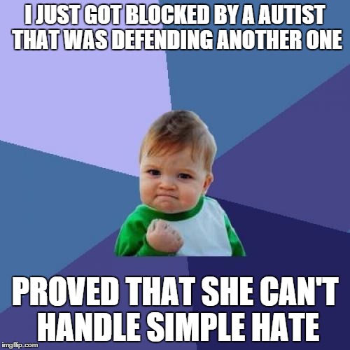 Success Kid Meme | I JUST GOT BLOCKED BY A AUTIST THAT WAS DEFENDING ANOTHER ONE PROVED THAT SHE CAN'T HANDLE SIMPLE HATE | image tagged in memes,success kid | made w/ Imgflip meme maker