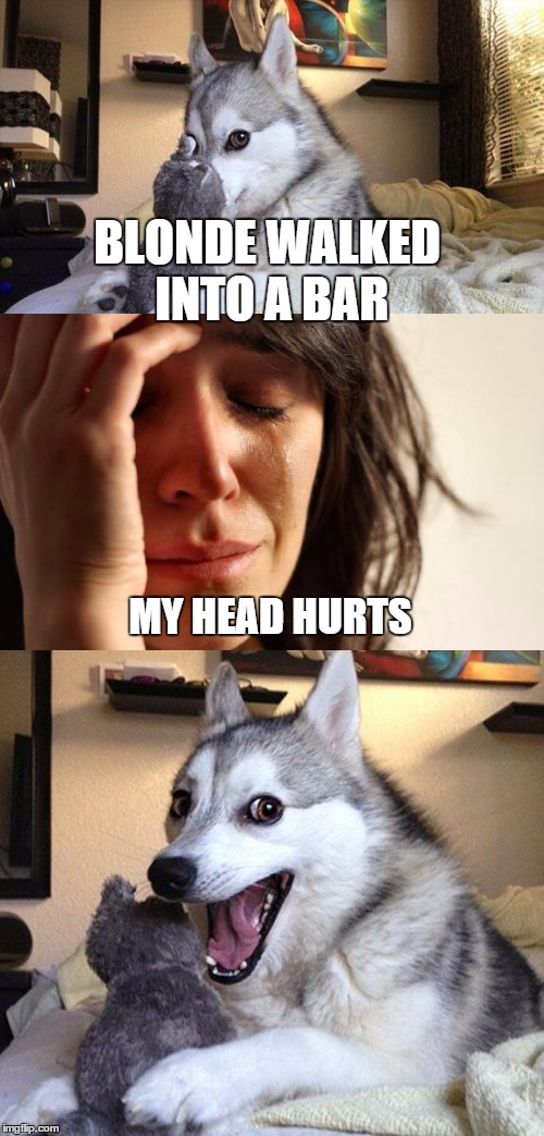 Bad Pun Dog | BLONDE WALKED INTO A BAR MY HEAD HURTS | image tagged in memes,bad pun dog | made w/ Imgflip meme maker