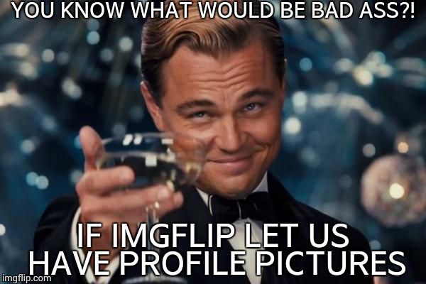Leonardo Dicaprio Cheers | YOU KNOW WHAT WOULD BE BAD ASS?! IF IMGFLIP LET US HAVE PROFILE PICTURES | image tagged in memes,leonardo dicaprio cheers | made w/ Imgflip meme maker