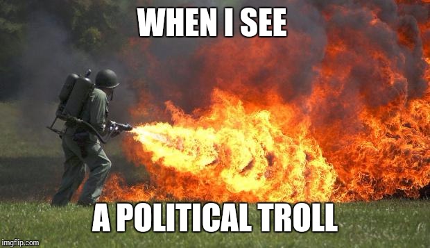 flamethrower | WHEN I SEE A POLITICAL TROLL | image tagged in flamethrower | made w/ Imgflip meme maker
