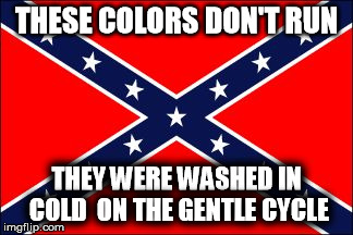 confederate flag | THESE COLORS DON'T RUN THEY WERE WASHED IN COLD  ON THE GENTLE CYCLE | image tagged in confederate flag | made w/ Imgflip meme maker