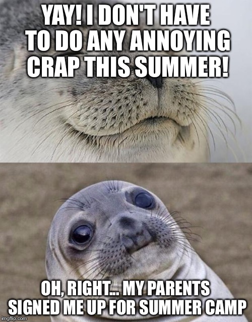 I think almost every kid can identify with this | YAY! I DON'T HAVE TO DO ANY ANNOYING CRAP THIS SUMMER! OH, RIGHT... MY PARENTS SIGNED ME UP FOR SUMMER CAMP | image tagged in memes,short satisfaction vs truth | made w/ Imgflip meme maker