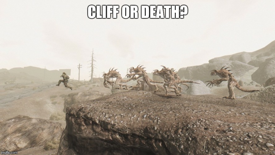 Cliff or Death? | CLIFF OR DEATH? | image tagged in cliff or death,funny,fall out 3,choices,deathclaw | made w/ Imgflip meme maker