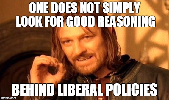 One Does Not Simply Meme | ONE DOES NOT SIMPLY LOOK FOR GOOD REASONING BEHIND LIBERAL POLICIES | image tagged in memes,one does not simply | made w/ Imgflip meme maker