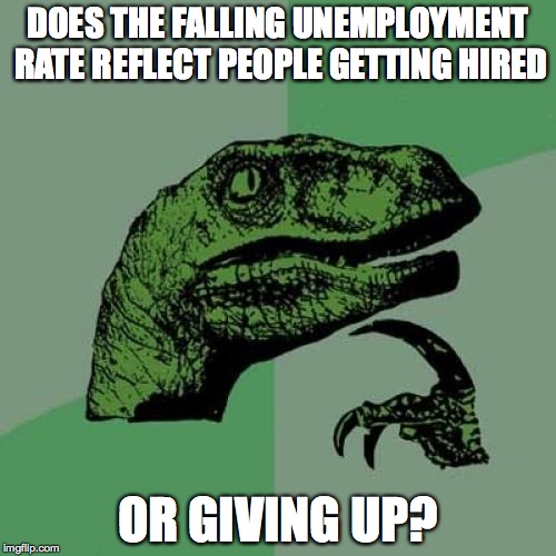 Philosoraptor | DOES THE FALLING UNEMPLOYMENT RATE REFLECT PEOPLE GETTING HIRED OR GIVING UP? | image tagged in memes,philosoraptor | made w/ Imgflip meme maker