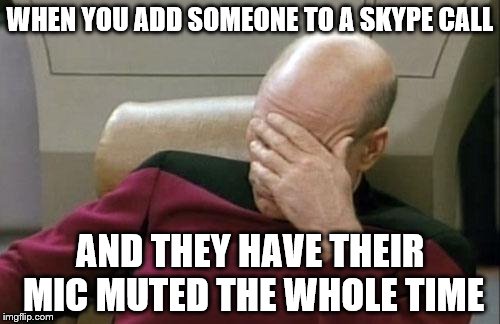 Captain Picard Facepalm | WHEN YOU ADD SOMEONE TO A SKYPE CALL AND THEY HAVE THEIR MIC MUTED THE WHOLE TIME | image tagged in memes,captain picard facepalm | made w/ Imgflip meme maker