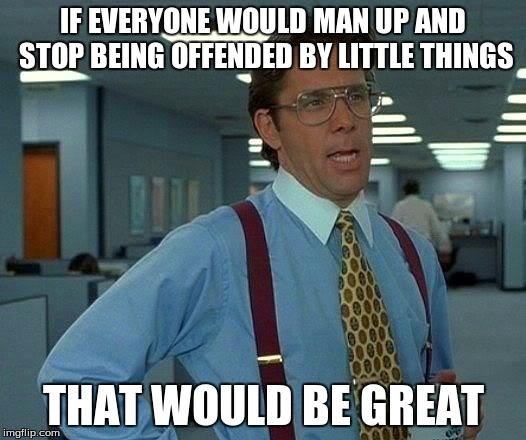 That Would Be Great Meme | IF EVERYONE WOULD MAN UP AND STOP BEING OFFENDED BY LITTLE THINGS THAT WOULD BE GREAT | image tagged in memes,that would be great | made w/ Imgflip meme maker