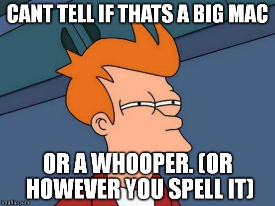 Futurama Fry Meme | CANT TELL IF THATS A BIG MAC OR A WHOOPER. (OR HOWEVER YOU SPELL IT) | image tagged in memes,futurama fry | made w/ Imgflip meme maker