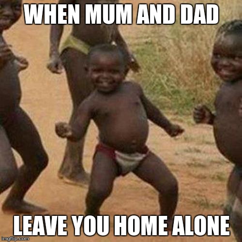 Third World Success Kid Meme | WHEN MUM AND DAD LEAVE YOU HOME ALONE | image tagged in memes,third world success kid | made w/ Imgflip meme maker