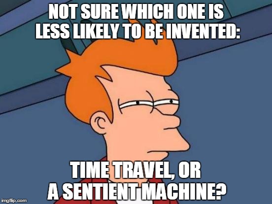 Futurama Fry Meme | NOT SURE WHICH ONE IS LESS LIKELY TO BE INVENTED: TIME TRAVEL, OR A SENTIENT MACHINE? | image tagged in memes,futurama fry | made w/ Imgflip meme maker