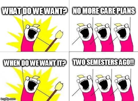 What Do We Want | WHAT DO WE WANT? NO MORE CARE PLANS WHEN DO WE WANT IT? TWO SEMESTERS AGO!! | image tagged in memes,what do we want | made w/ Imgflip meme maker