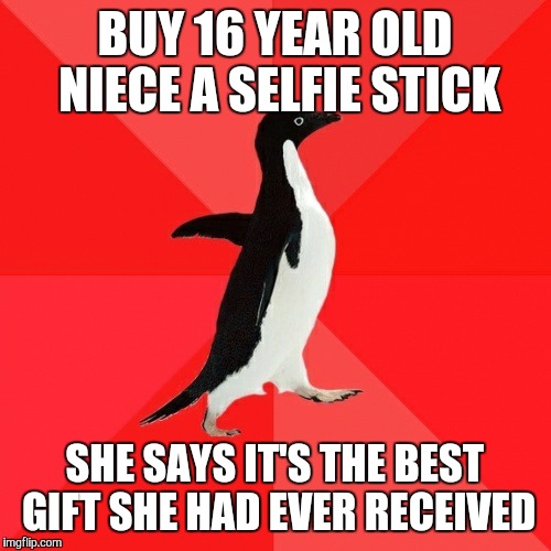 Socially Awesome Penguin | BUY 16 YEAR OLD NIECE A SELFIE STICK SHE SAYS IT'S THE BEST GIFT SHE HAD EVER RECEIVED | image tagged in memes,socially awesome penguin,AdviceAnimals | made w/ Imgflip meme maker