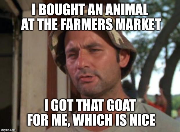 Winner winner goat dinner | I BOUGHT AN ANIMAL AT THE FARMERS MARKET I GOT THAT GOAT FOR ME, WHICH IS NICE | image tagged in memes,so i got that goin for me which is nice | made w/ Imgflip meme maker