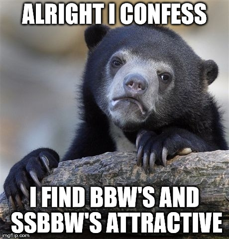 Confession Bear | ALRIGHT I CONFESS I FIND BBW'S AND SSBBW'S ATTRACTIVE | image tagged in memes,confession bear | made w/ Imgflip meme maker