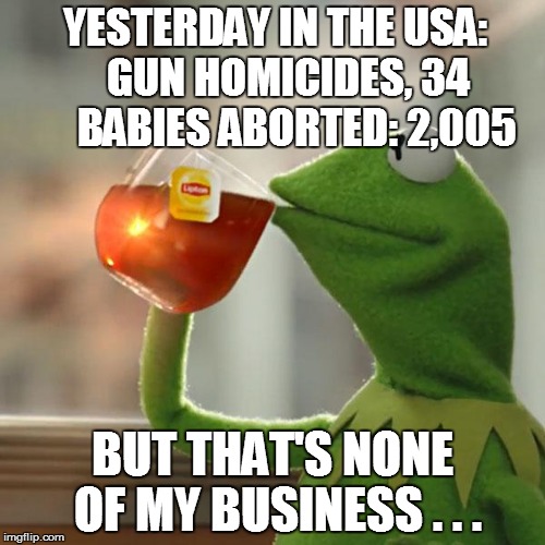 But That's None Of My Business Meme | YESTERDAY IN THE USA:  
GUN HOMICIDES, 34    
BABIES ABORTED: 2,005 BUT THAT'S NONE OF MY BUSINESS . . . | image tagged in memes,but thats none of my business,kermit the frog | made w/ Imgflip meme maker