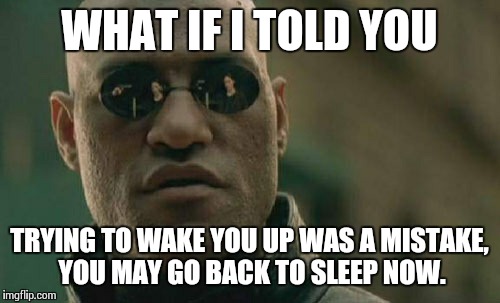 Matrix Morpheus Meme | WHAT IF I TOLD YOU TRYING TO WAKE YOU UP WAS A MISTAKE, YOU MAY GO BACK TO SLEEP NOW. | image tagged in memes,matrix morpheus | made w/ Imgflip meme maker