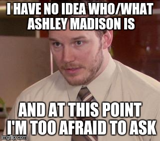 Afraid To Ask Andy (Closeup) Meme | I HAVE NO IDEA WHO/WHAT ASHLEY MADISON IS AND AT THIS POINT I'M TOO AFRAID TO ASK | image tagged in and i'm too afraid to ask andy,AdviceAnimals | made w/ Imgflip meme maker