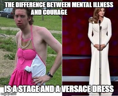 THE DIFFERENCE BETWEEN MENTAL ILLNESS         AND COURAGE IS A STAGE AND A VERSACE DRESS | image tagged in bruce jenner | made w/ Imgflip meme maker