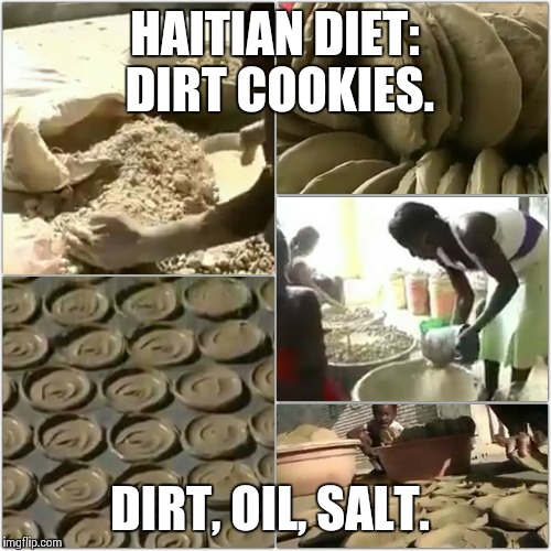 HAITIAN DIET: DIRT COOKIES. DIRT, OIL, SALT. | image tagged in haiti,dirt poor,dirt cookies,poverty,hunger,jesus | made w/ Imgflip meme maker