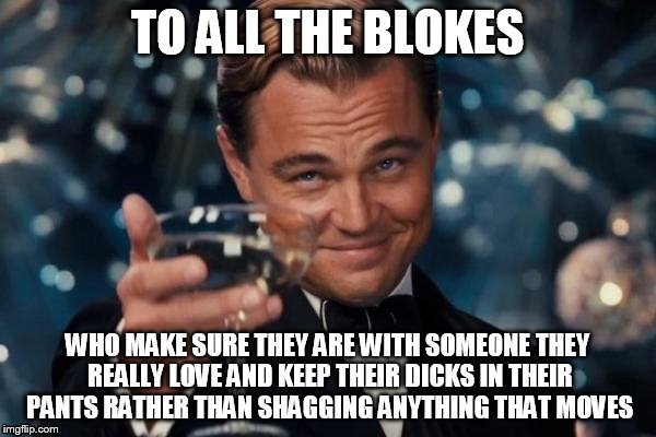 Leonardo Dicaprio Cheers Meme | TO ALL THE BLOKES WHO MAKE SURE THEY ARE WITH SOMEONE THEY REALLY LOVE AND KEEP THEIR DICKS IN THEIR PANTS RATHER THAN SHAGGING ANYTHING THA | image tagged in memes,leonardo dicaprio cheers | made w/ Imgflip meme maker