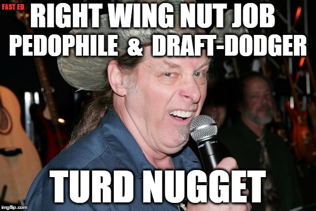 Turd Nugget | RIGHT WING NUT JOB TURD NUGGET PEDOPHILE  &  DRAFT-DODGER FAST  ED | image tagged in turd nugget,turd,ted,ted nugent,pedophile,draft | made w/ Imgflip meme maker