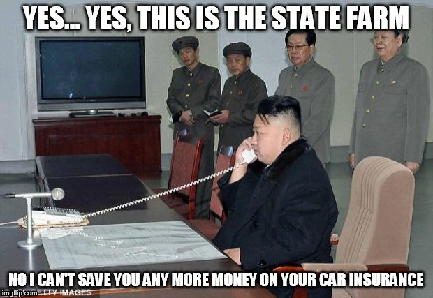 meanwhile @ the real state farm | YES... YES, THIS IS THE STATE FARM NO I CAN'T SAVE YOU ANY MORE MONEY ON YOUR CAR INSURANCE | image tagged in kim jong un phone,statefarm | made w/ Imgflip meme maker