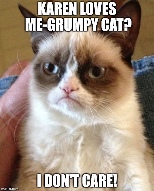 Grumpy Cat | KAREN LOVES ME-GRUMPY CAT? I DON'T CARE! | image tagged in memes,grumpy cat | made w/ Imgflip meme maker