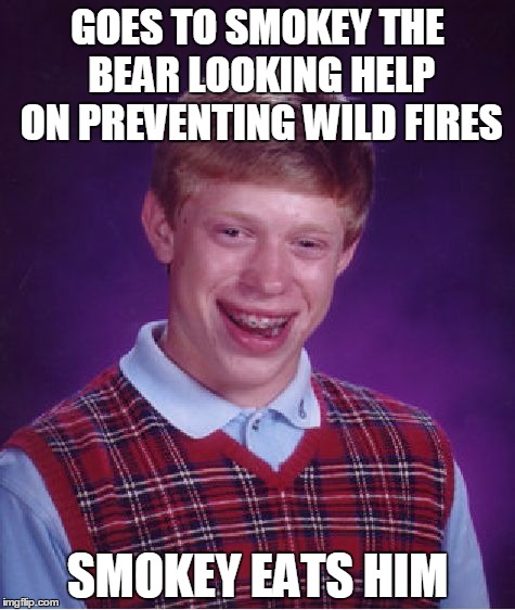 Bad Luck Brian Meme | GOES TO SMOKEY THE BEAR LOOKING HELP ON PREVENTING WILD FIRES SMOKEY EATS HIM | image tagged in memes,bad luck brian | made w/ Imgflip meme maker