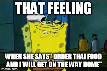 That feeling | THAT FEELING WHEN SHE SAYS" ORDER THAI FOOD AND I WILL GET ON THE WAY HOME" | image tagged in that feeling,thai food | made w/ Imgflip meme maker